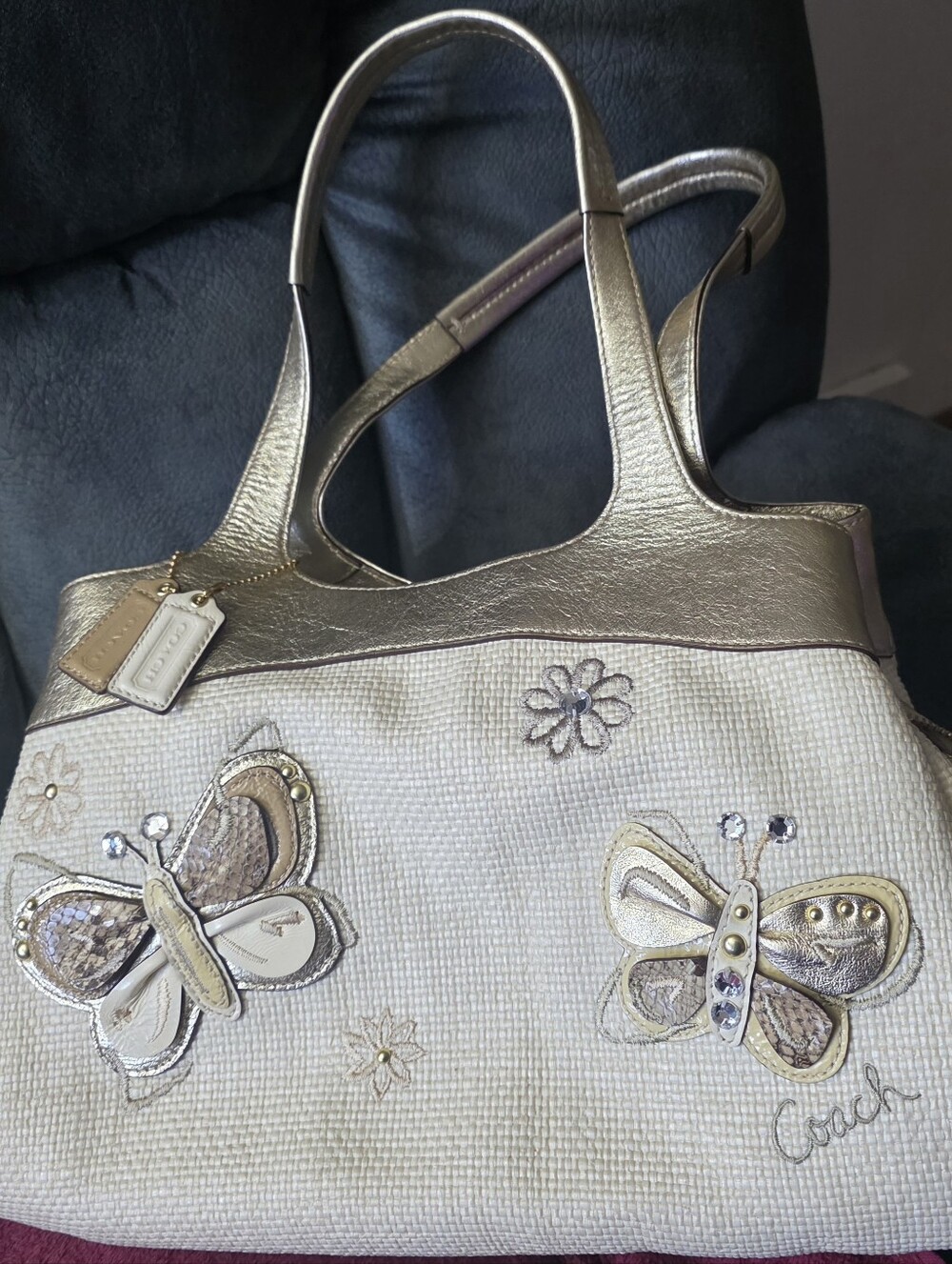 Coach Lexi Cream Tote with Gold Metallic Trim and Butterfly Appliqués EUC